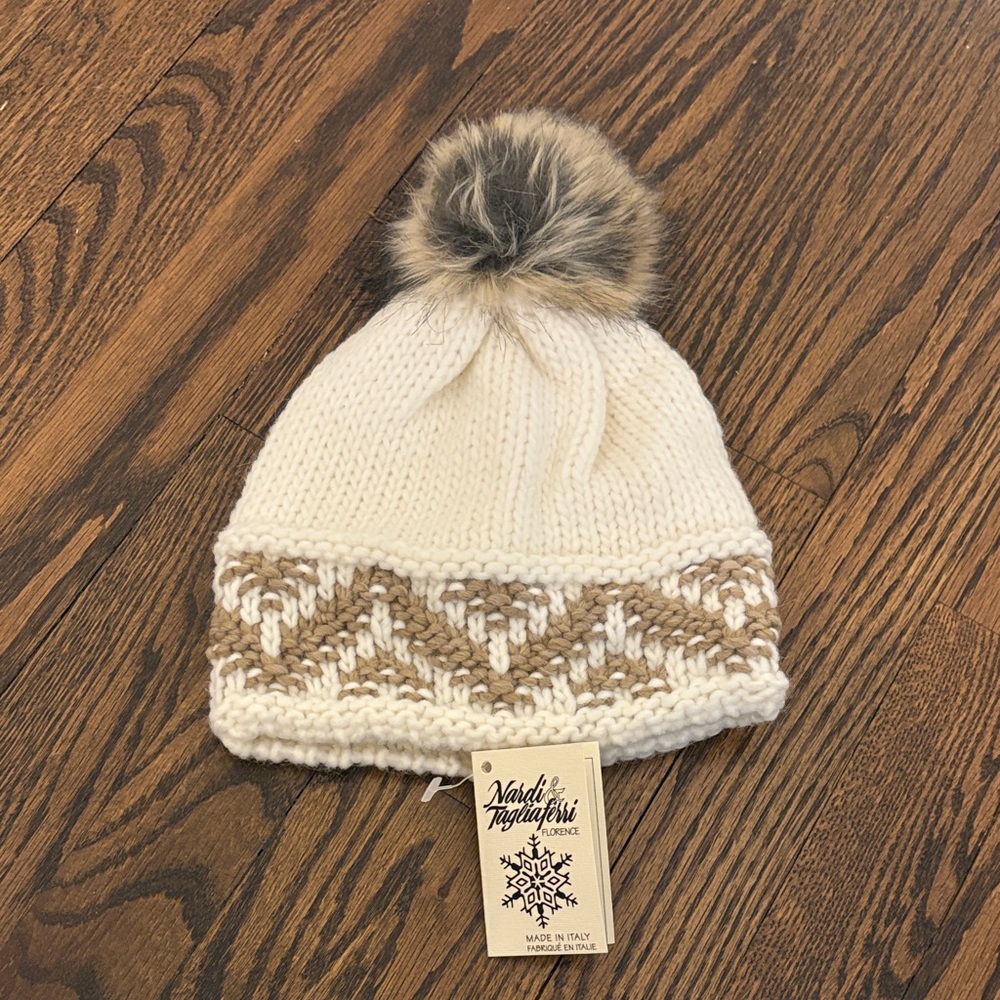 Cream and Tan Pom-Pom Hat